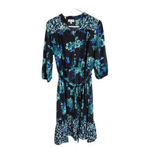 NEW Luxology Split Neck 3/4 Sleeve Black & Teal Print Dress Size L